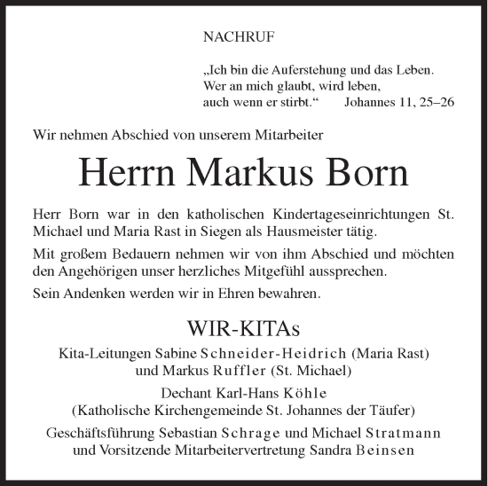 Traueranzeige von Markus Born von Siegener Zeitung