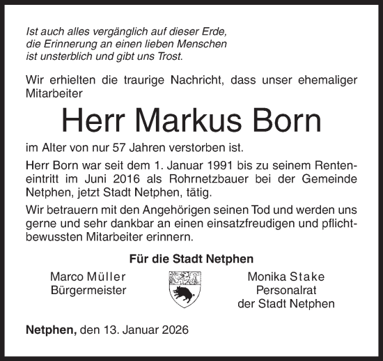 Traueranzeige von Markus Born von Siegener Zeitung