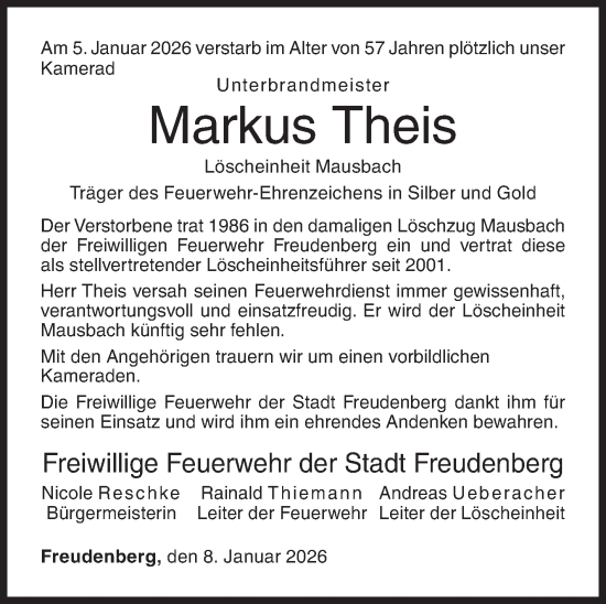 Traueranzeige von Markus Theis von Siegener Zeitung