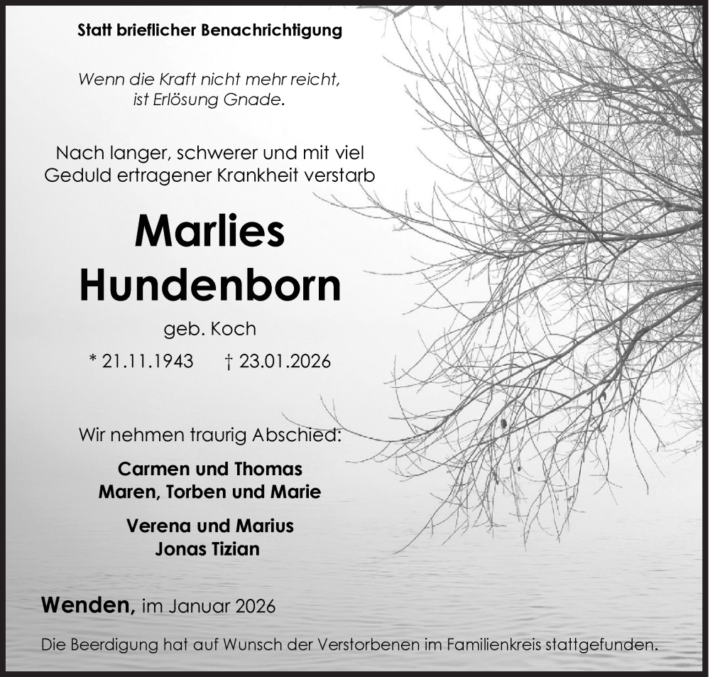  Traueranzeige für Marlies Hundenborn vom 31.01.2026 aus Siegener Zeitung