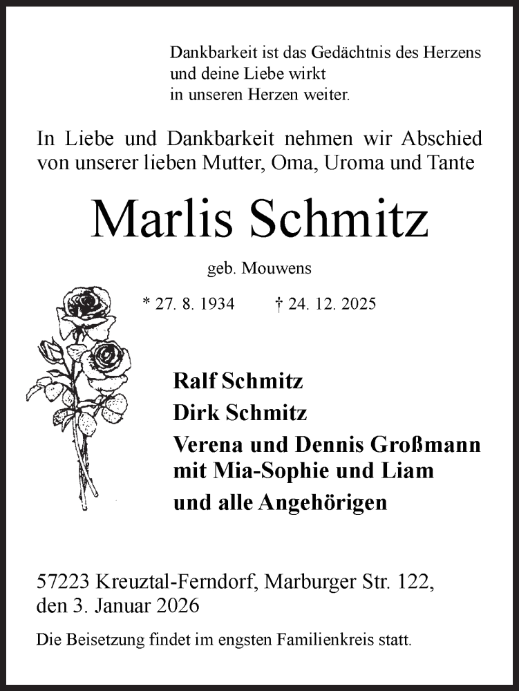  Traueranzeige für Marlis Schmitz vom 03.01.2026 aus Siegener Zeitung