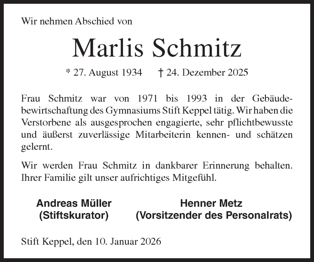  Traueranzeige für Marlis Schmitz vom 10.01.2026 aus Siegener Zeitung