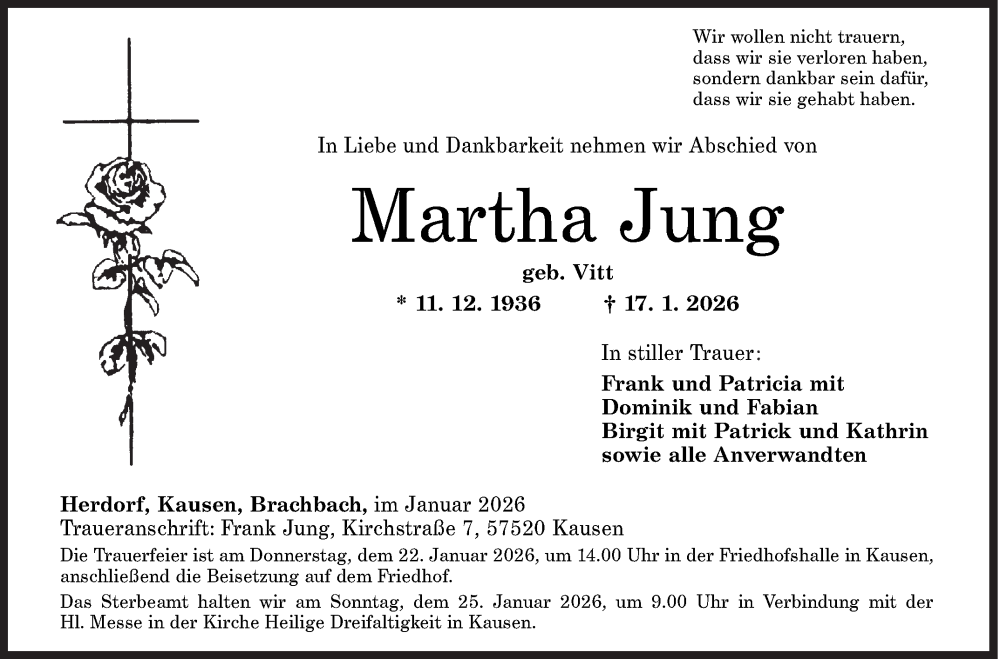  Traueranzeige für Martha Jung vom 20.01.2026 aus Siegener Zeitung