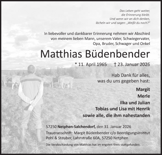 Traueranzeige von Matthias Büdenbender von Siegener Zeitung
