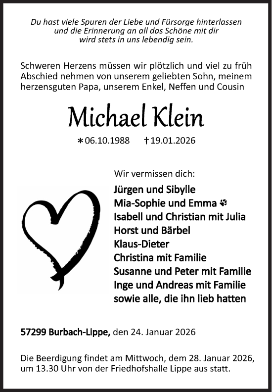 Traueranzeige von Michael Klein von Siegener Zeitung