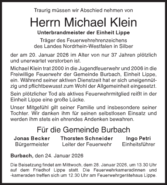Traueranzeige von Michael Klein von Siegener Zeitung
