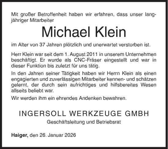 Traueranzeige von Michael Klein von Siegener Zeitung