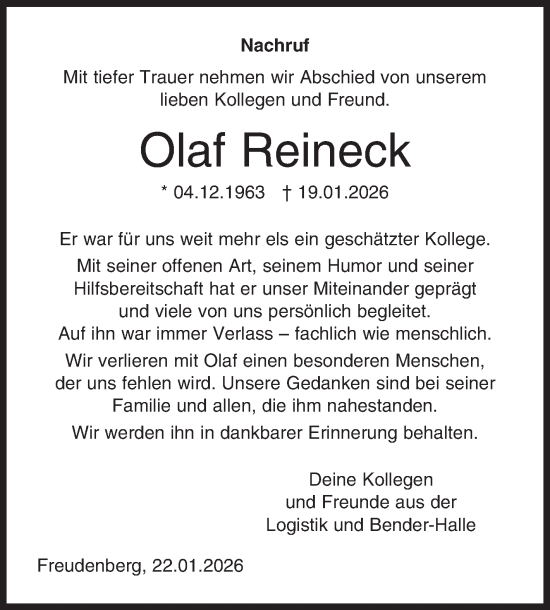 Traueranzeige von Olaf Reineck von Siegener Zeitung