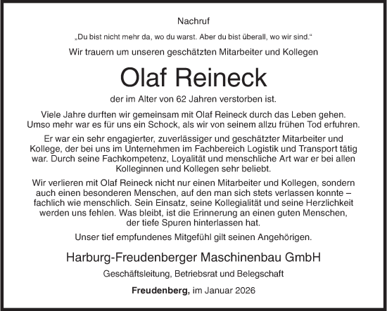 Traueranzeige von Olaf Reineck von Siegener Zeitung