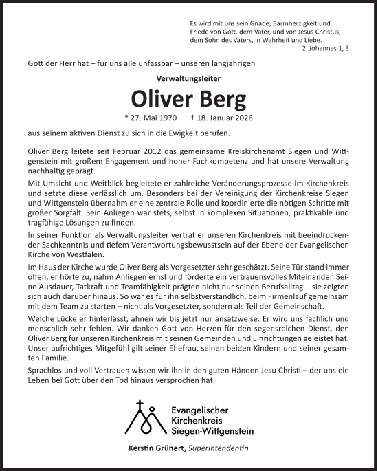 Traueranzeige von Oliver Berg von Siegener Zeitung