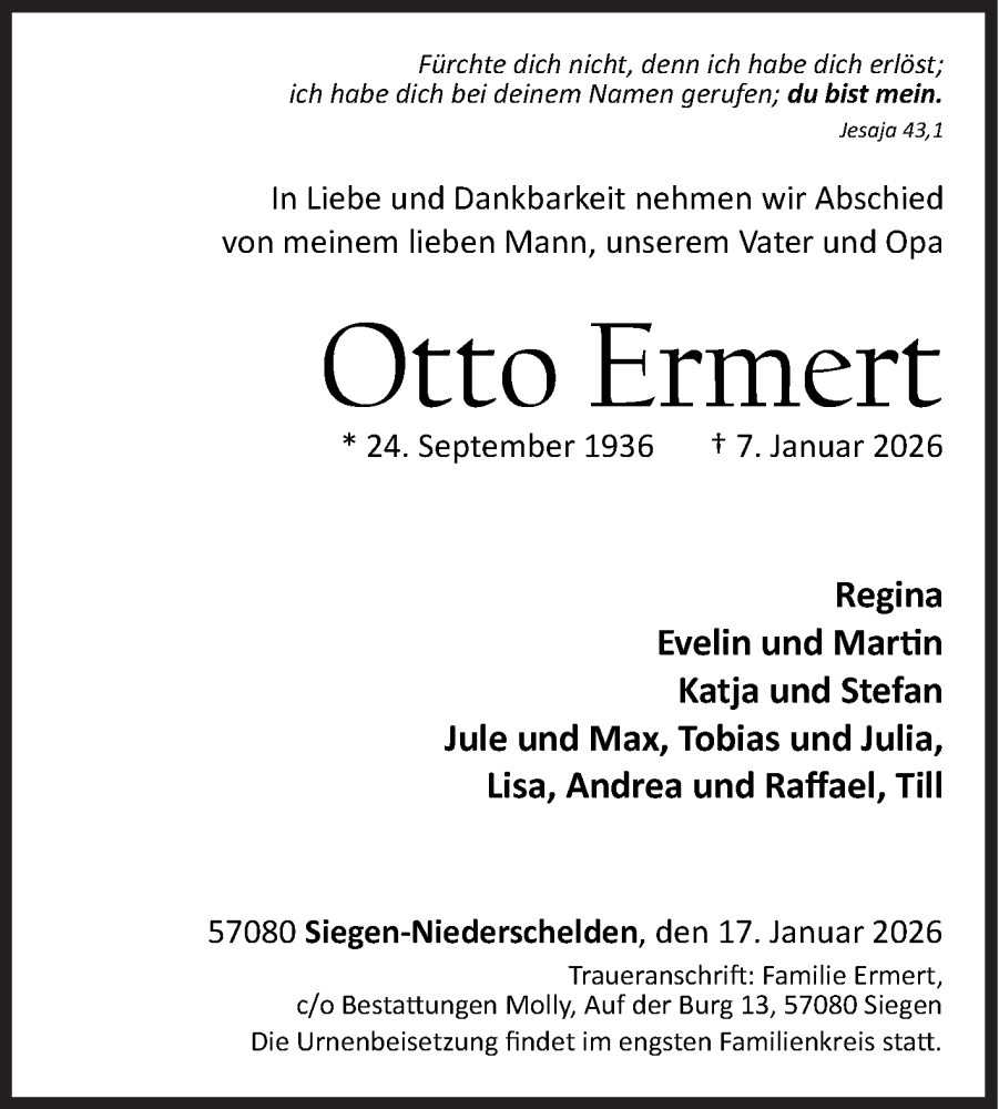  Traueranzeige für Otto Ermert vom 17.01.2026 aus Siegener Zeitung