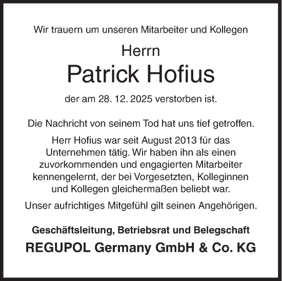Traueranzeige von Patrick Hofius von Siegener Zeitung