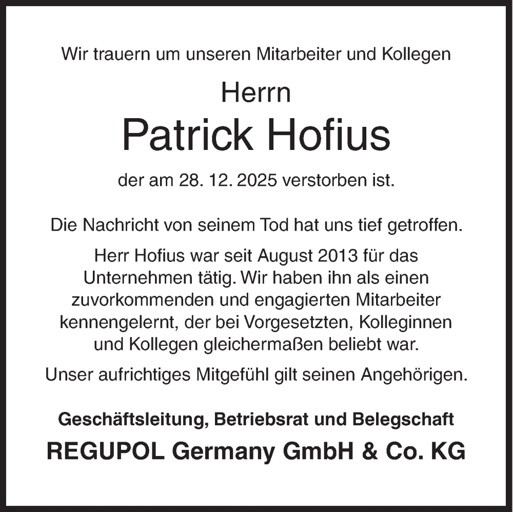  Traueranzeige für Patrick Hofius vom 03.01.2026 aus Siegener Zeitung
