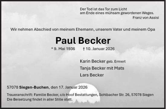 Traueranzeige von Paul Becker von Siegener Zeitung