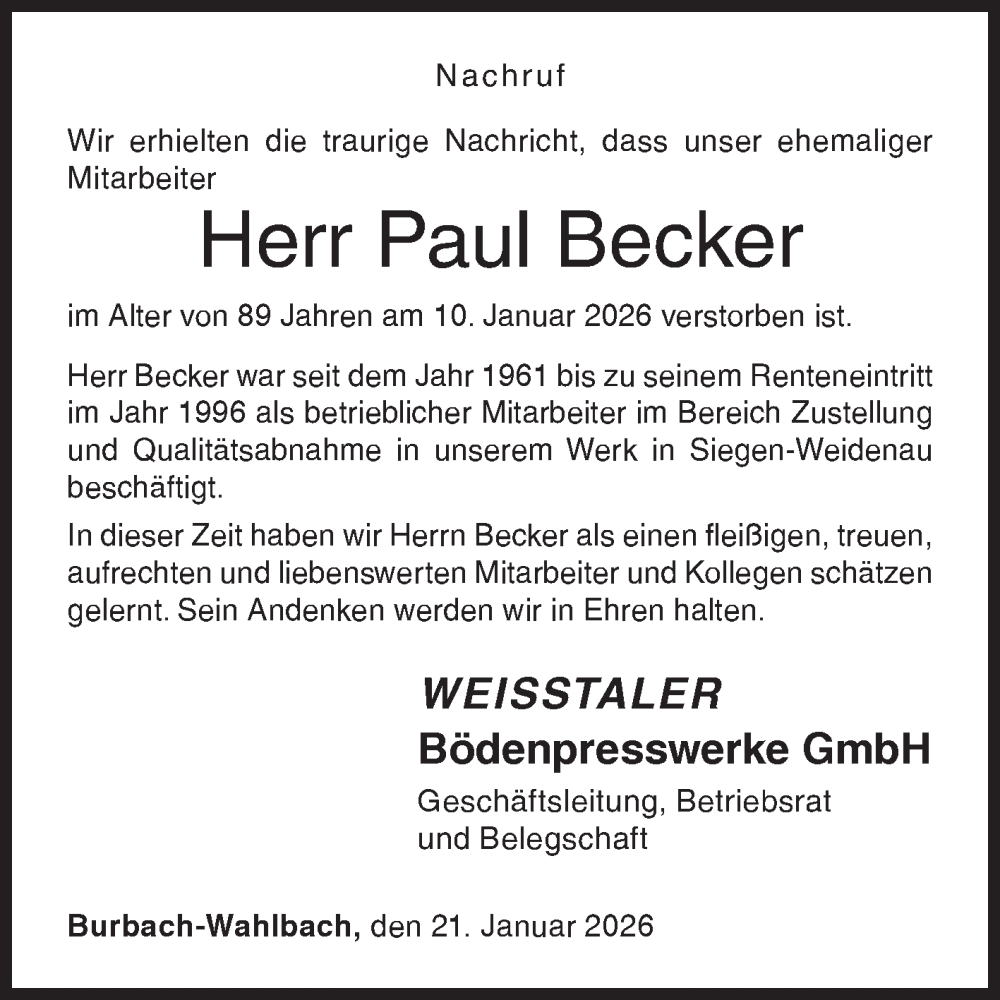  Traueranzeige für Paul Becker vom 21.01.2026 aus Siegener Zeitung