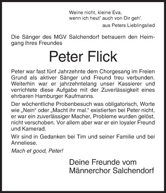 Traueranzeige von Peter Flick von Siegener Zeitung
