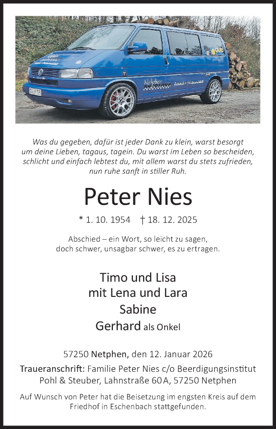 Traueranzeige von Peter Nies von Siegener Zeitung