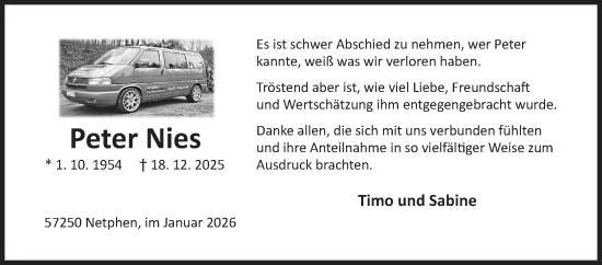 Traueranzeige von Peter Nies von Siegener Zeitung
