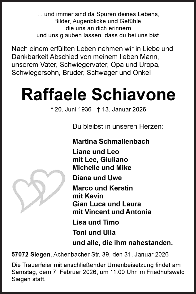  Traueranzeige für Raffaele Schiavone vom 31.01.2026 aus Siegener Zeitung