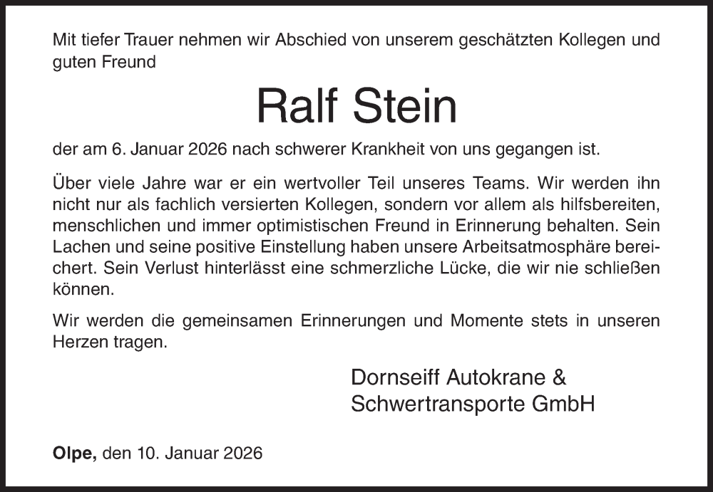  Traueranzeige für Ralf Stein vom 10.01.2026 aus Siegener Zeitung