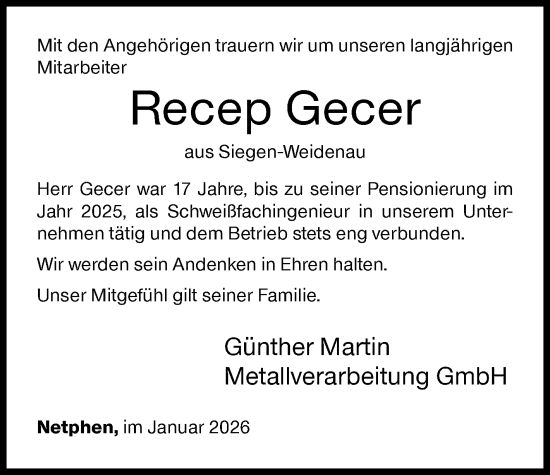Traueranzeige von Recep Gecer von Siegener Zeitung