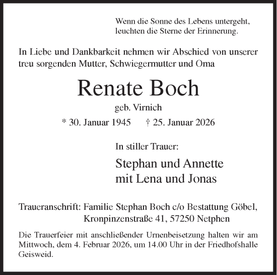 Traueranzeige von Renate Boch von Siegener Zeitung