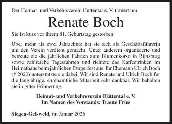 Traueranzeige von Renate Boch von Siegener Zeitung