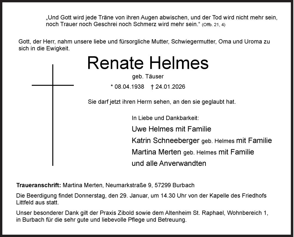  Traueranzeige für Renate Helmes vom 28.01.2026 aus Siegener Zeitung