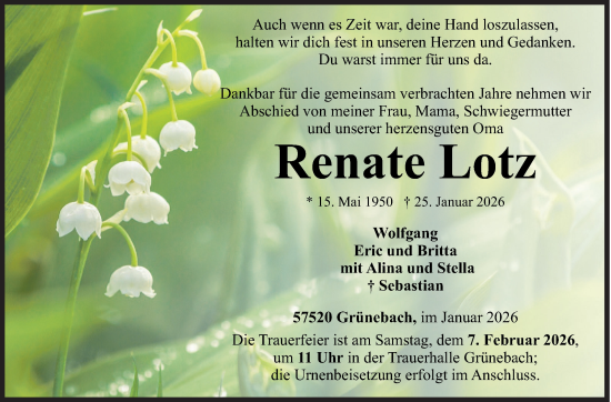 Traueranzeige von Renate Lotz von Siegener Zeitung