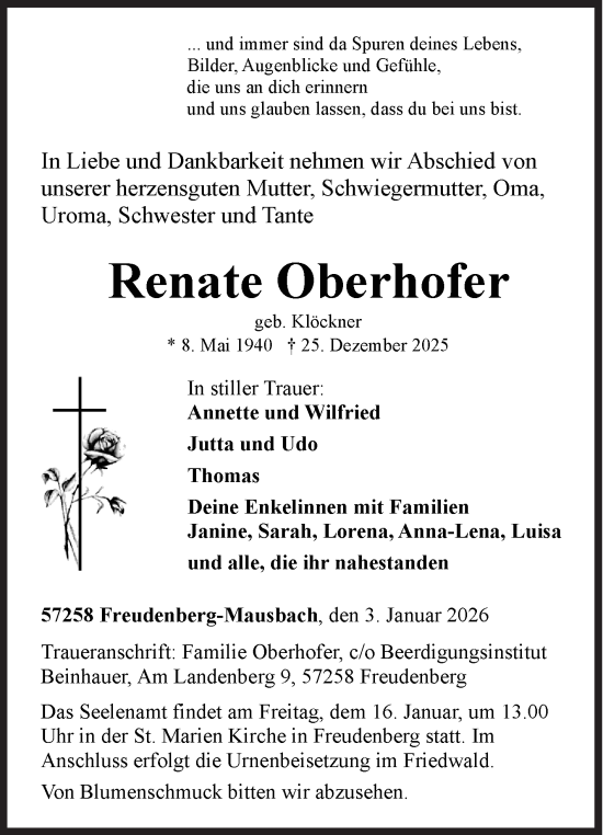 Traueranzeige von Renate Oberhofer von Siegener Zeitung