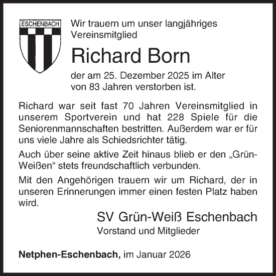 Traueranzeige von Richard Born von Siegener Zeitung