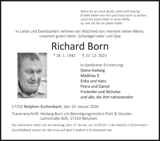 Traueranzeige von Richard Born von Siegener Zeitung