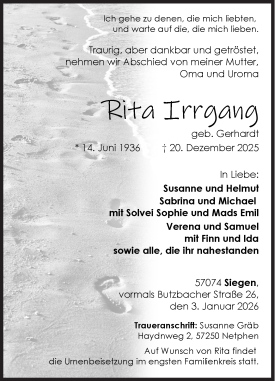 Traueranzeige von Rita Irrgang von Siegener Zeitung