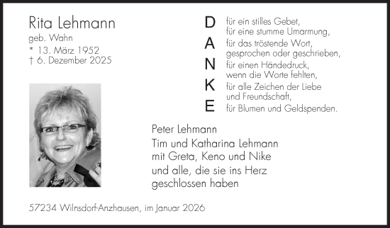 Traueranzeige von Rita Lehmann von Siegener Zeitung