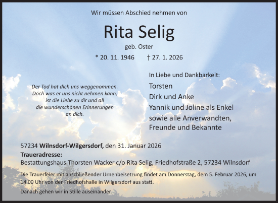 Traueranzeige von Rita Selig von Siegener Zeitung