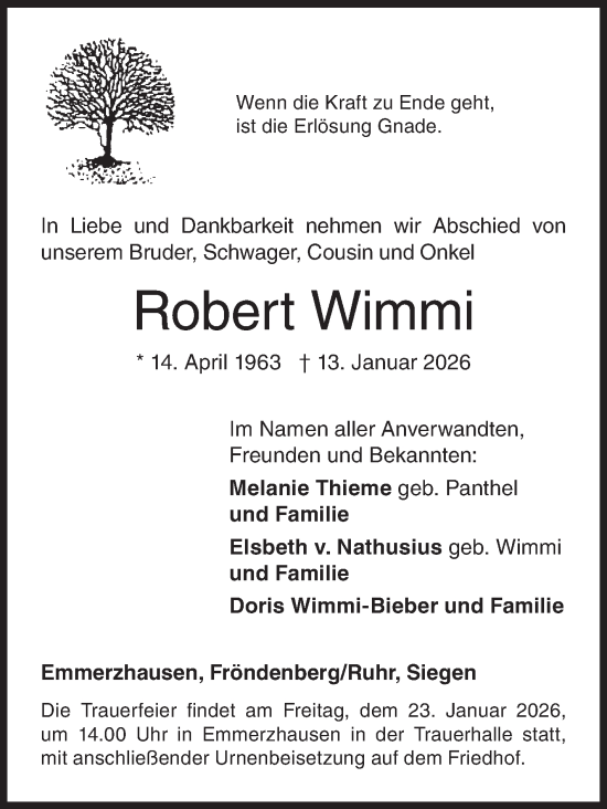 Traueranzeige von Robert Wimmi von Siegener Zeitung