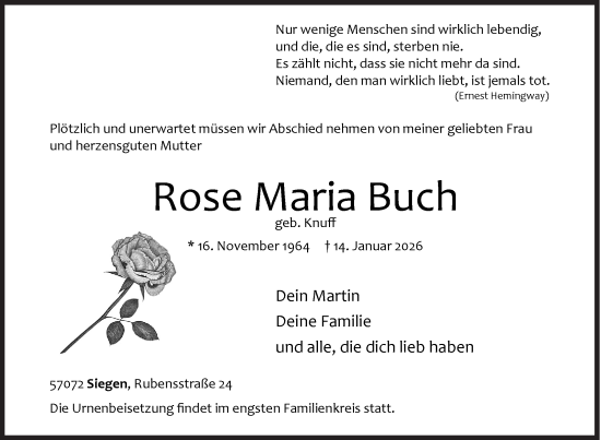 Traueranzeige von Rose Maria Buch von Siegener Zeitung