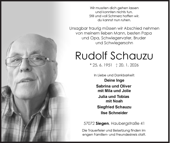 Traueranzeige von Rudolf Schauzu von Siegener Zeitung