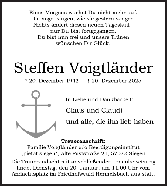 Traueranzeige von Steffen Voigtländer von Siegener Zeitung