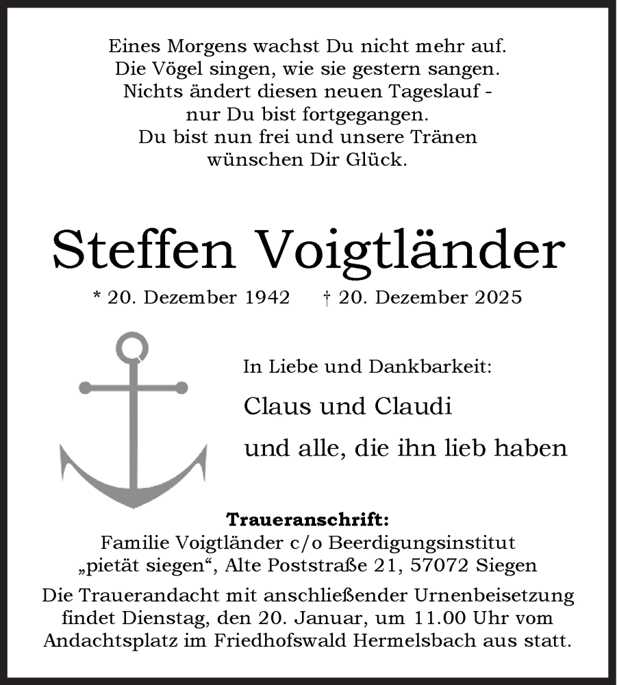  Traueranzeige für Steffen Voigtländer vom 10.01.2026 aus Siegener Zeitung