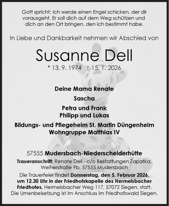 Traueranzeige von Susanne Dell von Siegener Zeitung