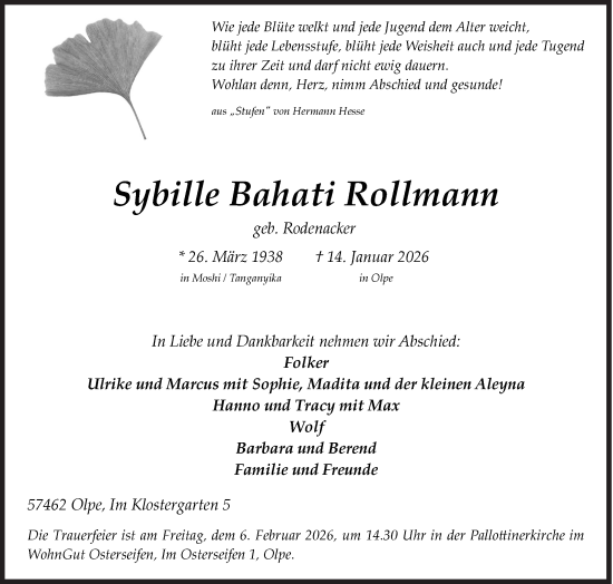 Traueranzeige von Sybille Bahati Rollmann von Siegener Zeitung
