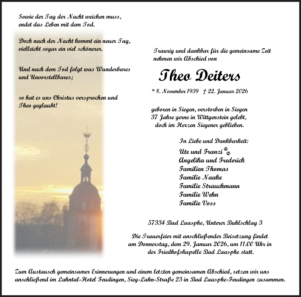  Traueranzeige für Theo Deiters vom 27.01.2026 aus Siegener Zeitung