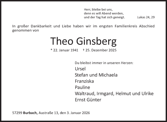 Traueranzeige von Theo Ginsberg von Siegener Zeitung