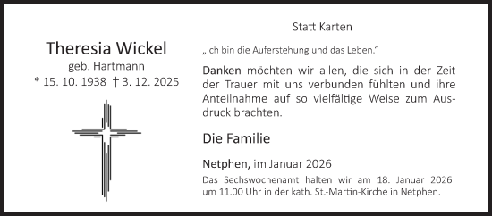 Traueranzeige von Theresia Wickel von Siegener Zeitung