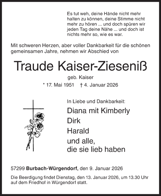 Traueranzeige von Traude Kaiser-Zieseniß von Siegener Zeitung
