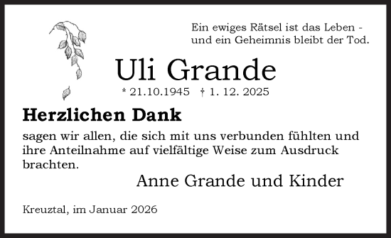 Traueranzeige von Uli Grande von Siegener Zeitung