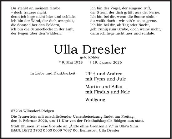 Traueranzeige von Ulla Dresler von Siegener Zeitung