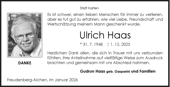 Traueranzeige von Ulrich Haas von Siegener Zeitung