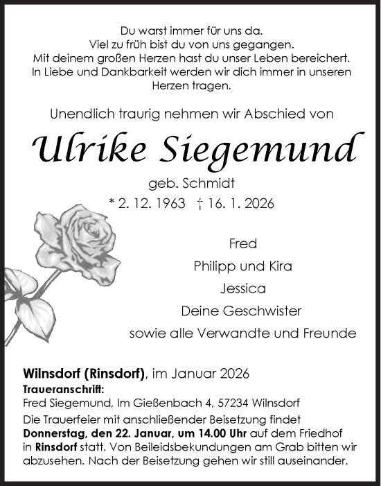 Traueranzeige von Ulrike Siegemund von Siegener Zeitung